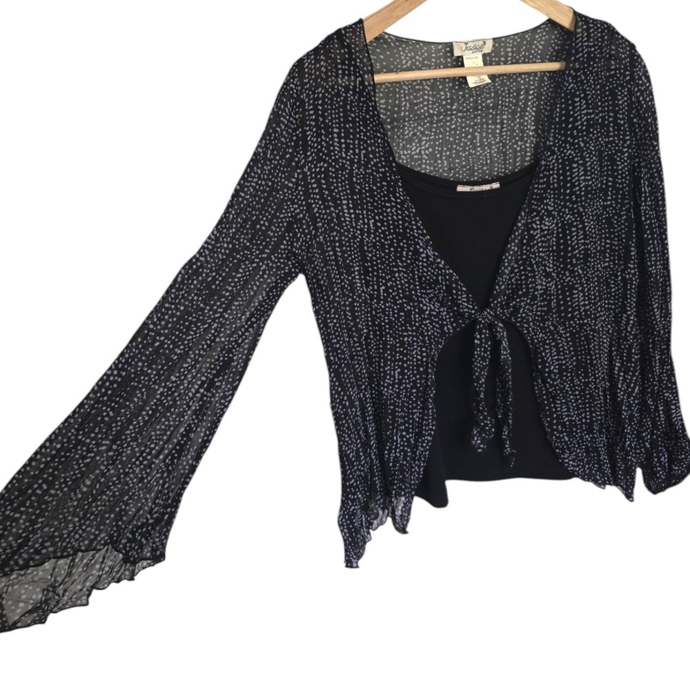 Y2K Jessica Sheer Polka Dot Tie Front 3/4 Bell Sleeve Blouse Black & Gray 12P